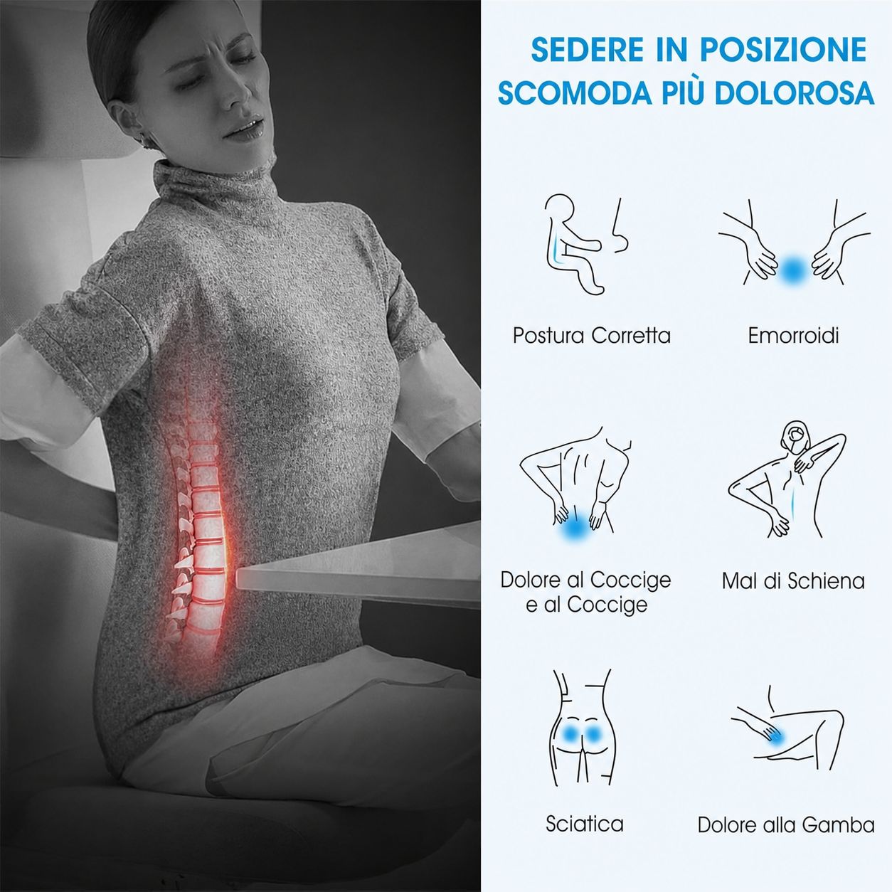 Illustrazione di una persona con mal di schiena, che indica vari disagi.