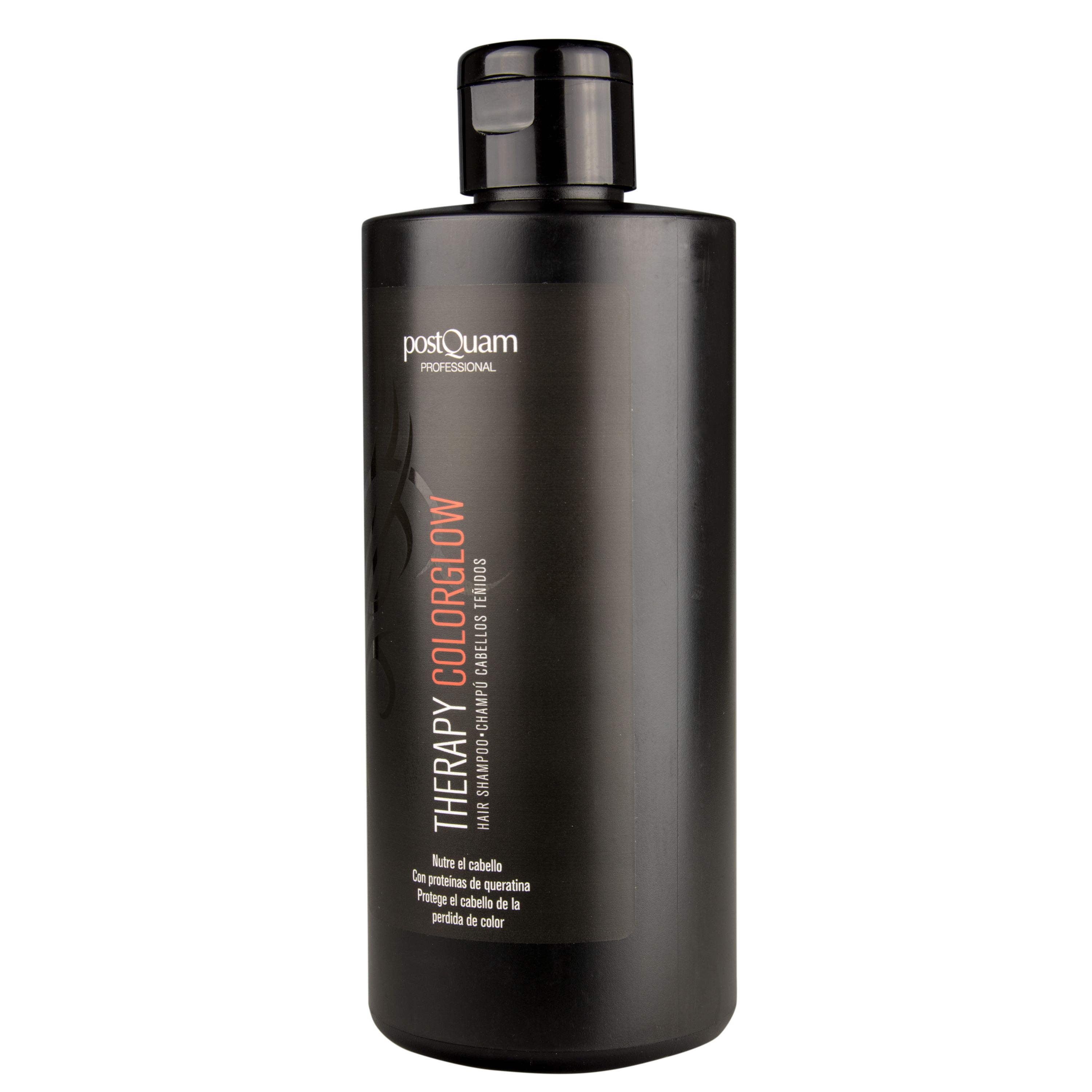 Flacone di shampoo nero con tappo nero. Scritta: Therapy Color Glow, PostQuam. Testo in rosso e bianco. Per capelli colorati.