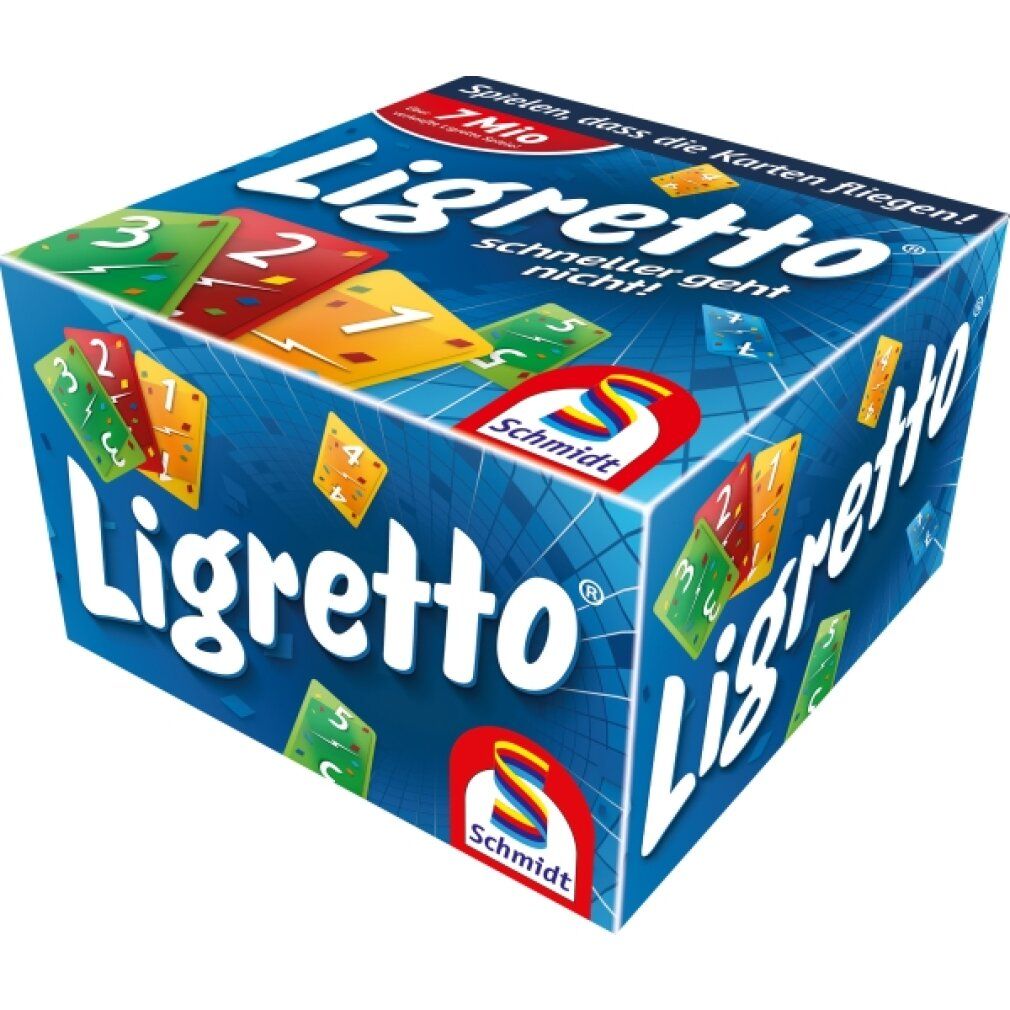 Scatola blu del gioco di carte "Ligretto". Logo Schmidt Spiele. Carte con numeri e colori.