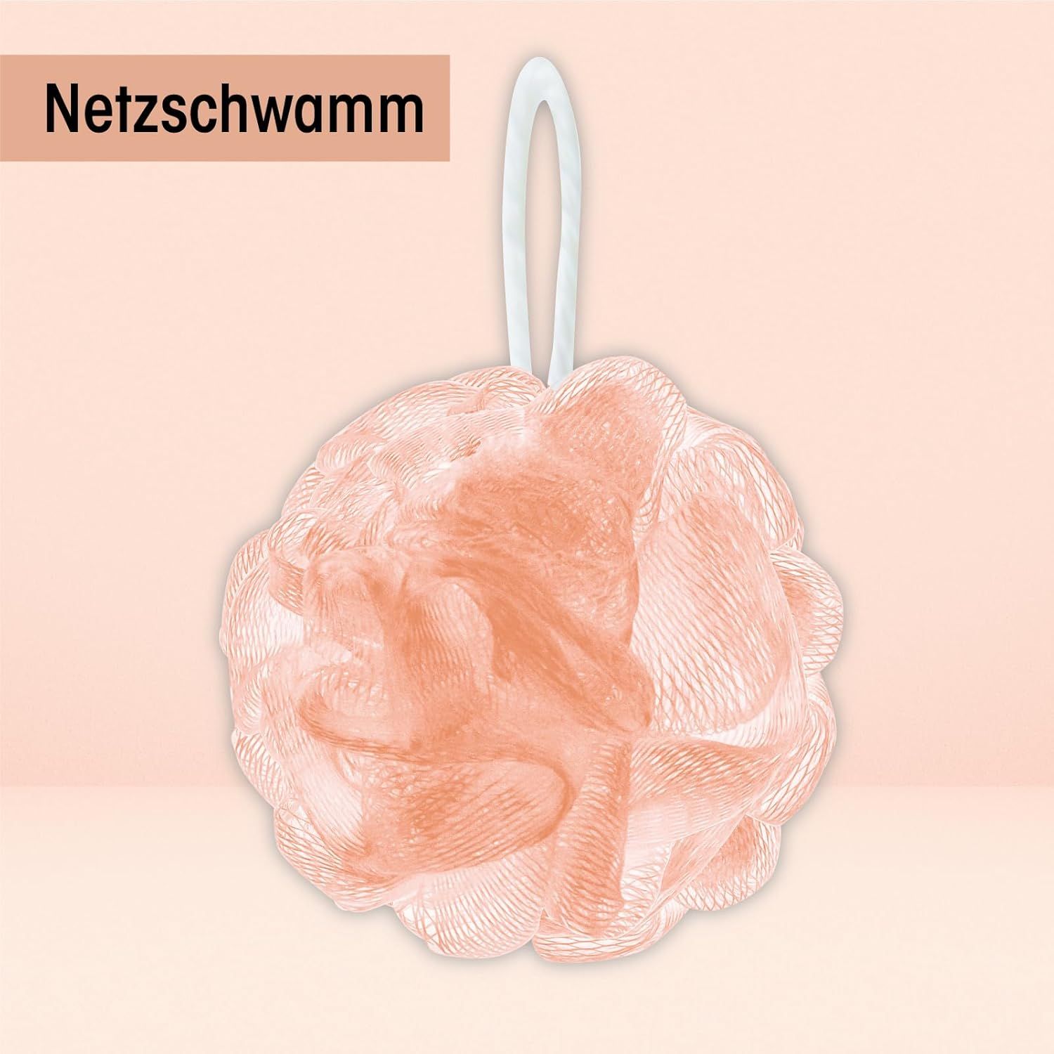 Spugna da bagno color pesca con un anello bianco per appendere.