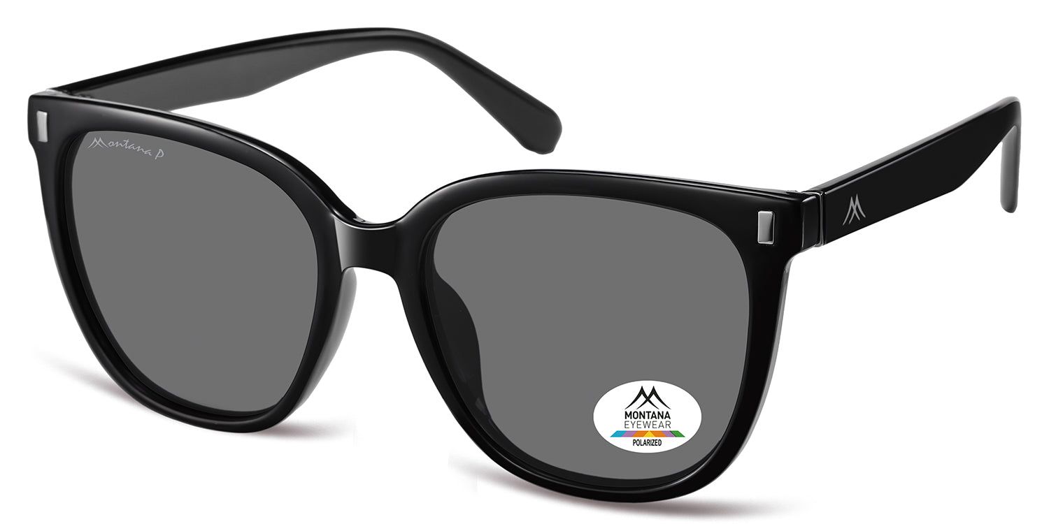 Occhiali da sole neri con lenti grigie. Logo Montana Eyewear sull'asta e sulla lente. Lente polarizzata.
