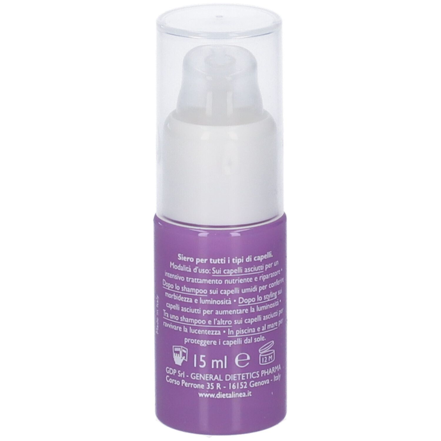 Flacone viola con erogatore bianco. Scritta: BIO KERATIN ACH8 Elixir Serum Prodige. 15 ml. Marchio: DIETALINEA.