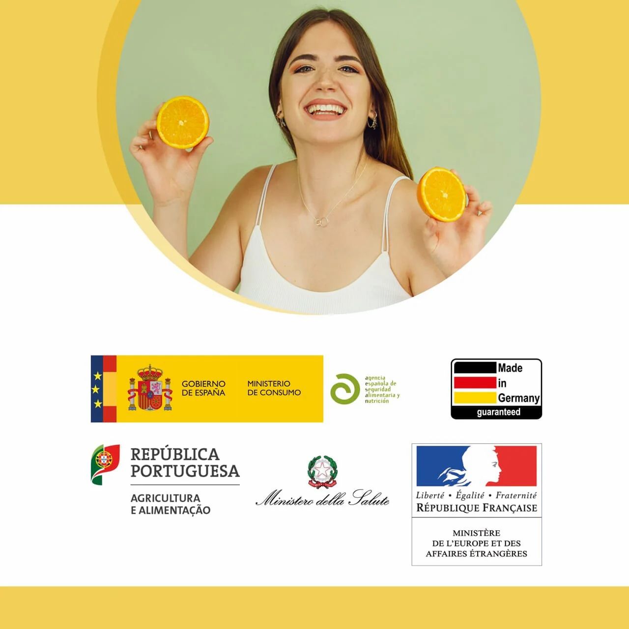 Donna con arance. Loghi ministeriali e marchi di qualità. Made in Germany.
