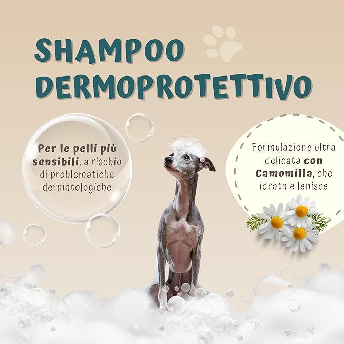 Immagine pubblicitaria con cane e bolle di sapone. Testo: Shampoo dermoprotettivo. Per pelli sensibili. Formula ultra delicata con camomilla, che idrata e lenisce.