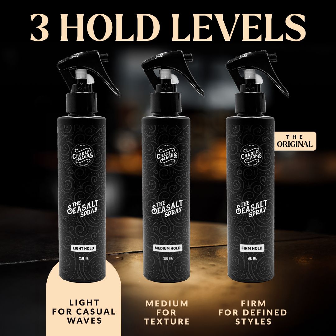 Tre flaconi di The Seasalt Spray con tenuta leggera, media e forte.