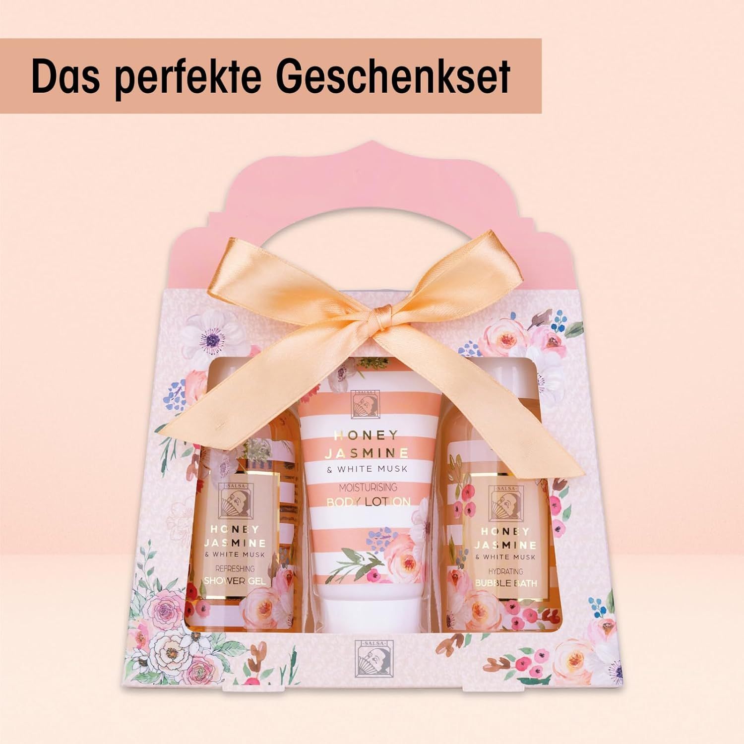 Set regalo con tre prodotti in confezione regalo. Prodotti: gel doccia, bagno schiuma e lozione per il corpo. Confezione con fiocco e motivi floreali.