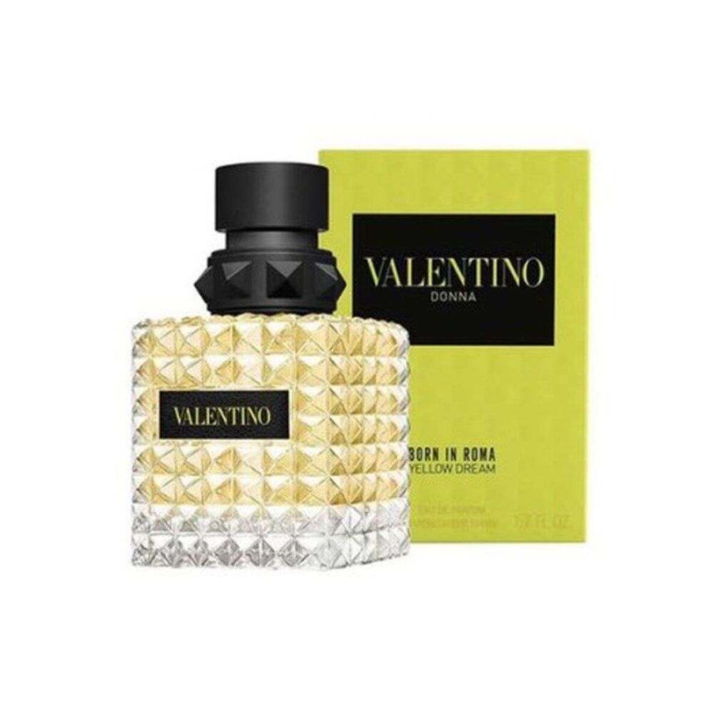 Valentino Donna Born In Roma Yellow Dream Eau de Parfum. Scatola e flacone gialli. Tappo nero. Flacone quadrato con borchie.