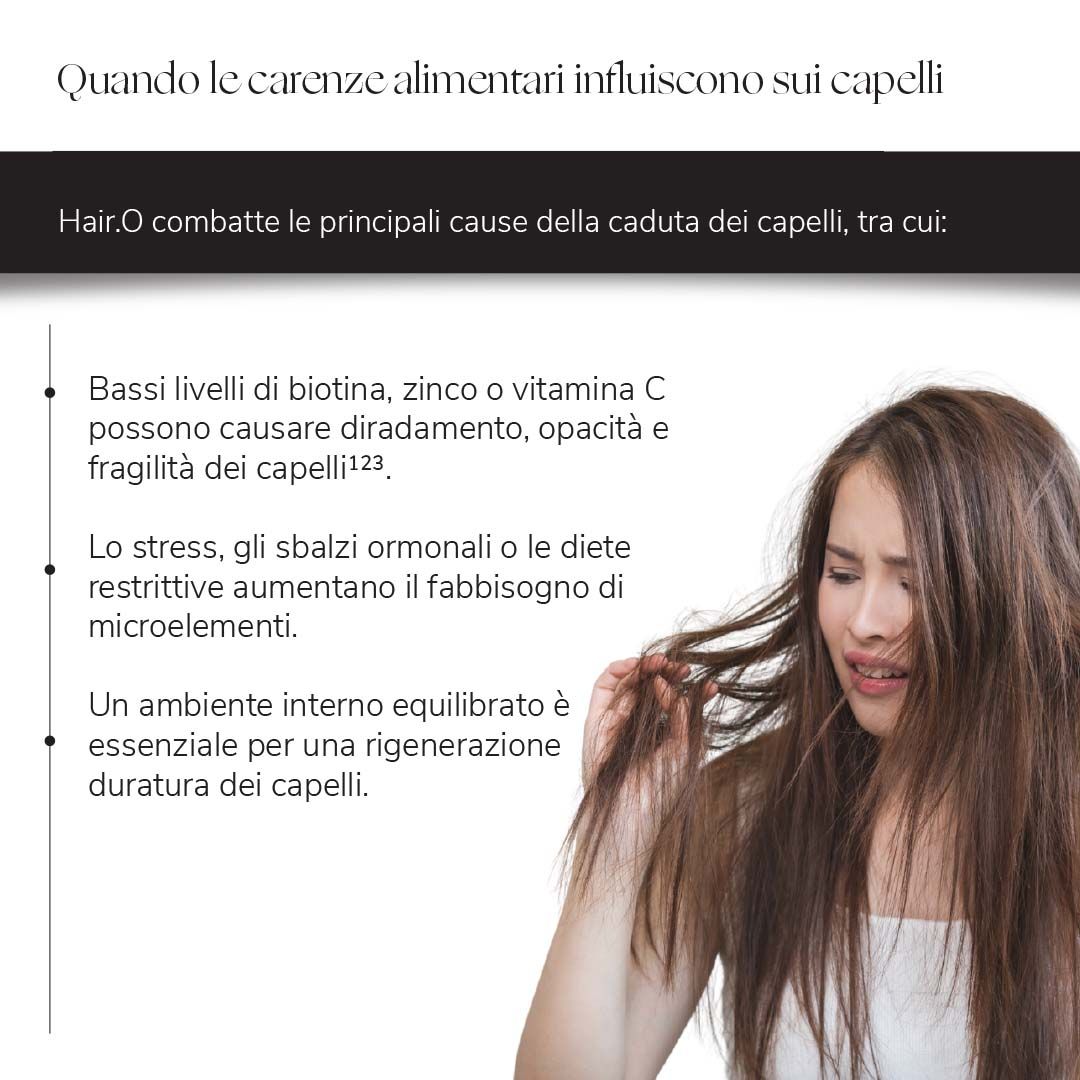 Testo: Quando le carenze nutrizionali influenzano i tuoi capelli. Donna con capelli arruffati.