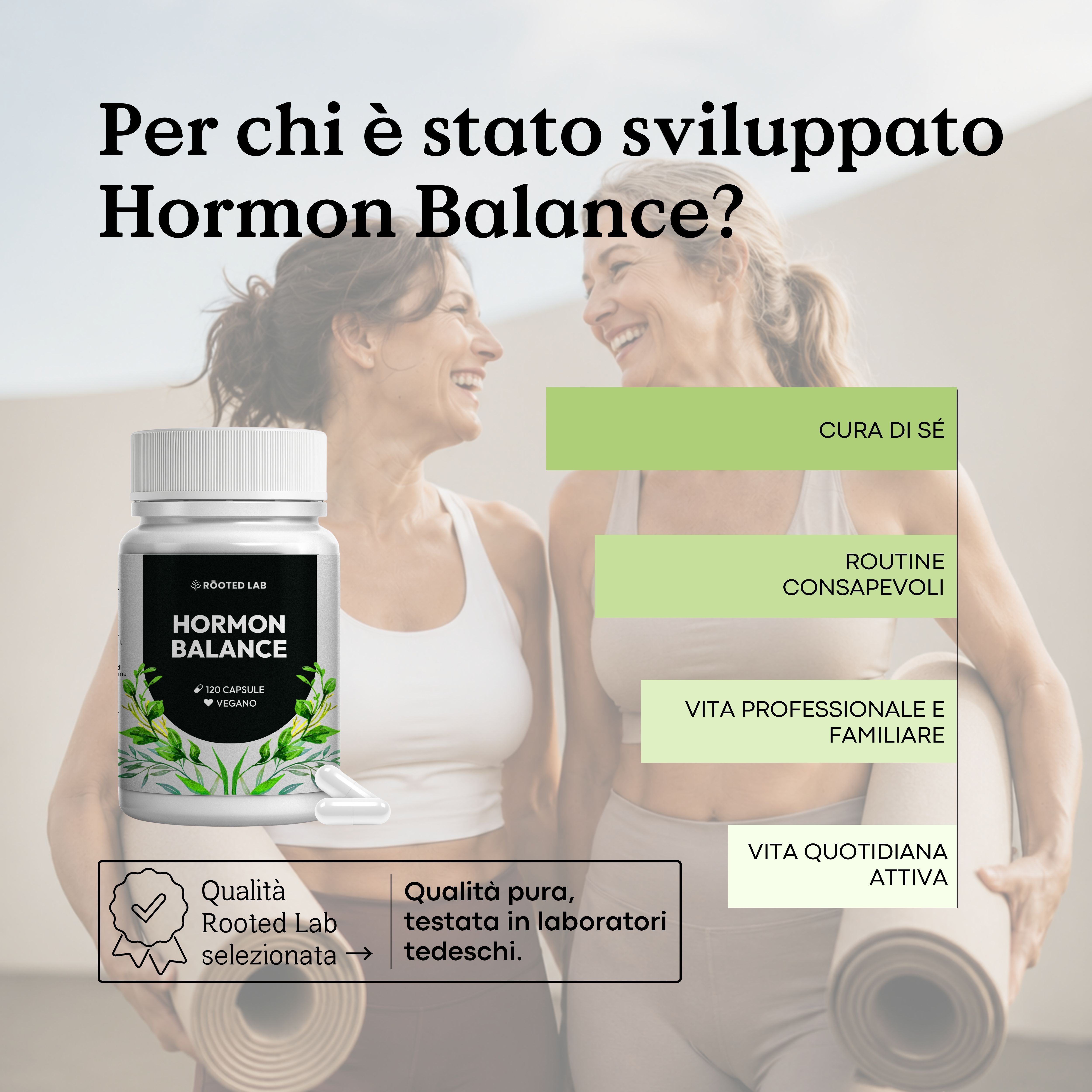 Flacone Hormon Balance vicino a donne sorridenti, con testo su cura di sé e vita quotidiana.