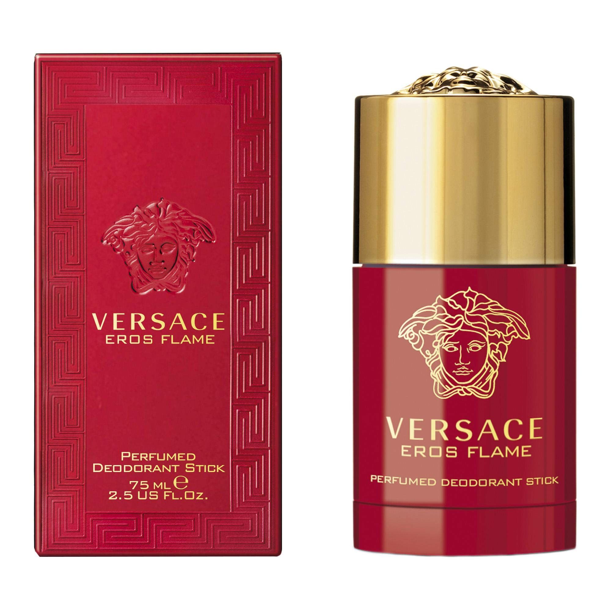 Stick deodorante rosso e confezione. Scritta: Versace Eros Flame. Stick deodorante profumato. 75 ml.