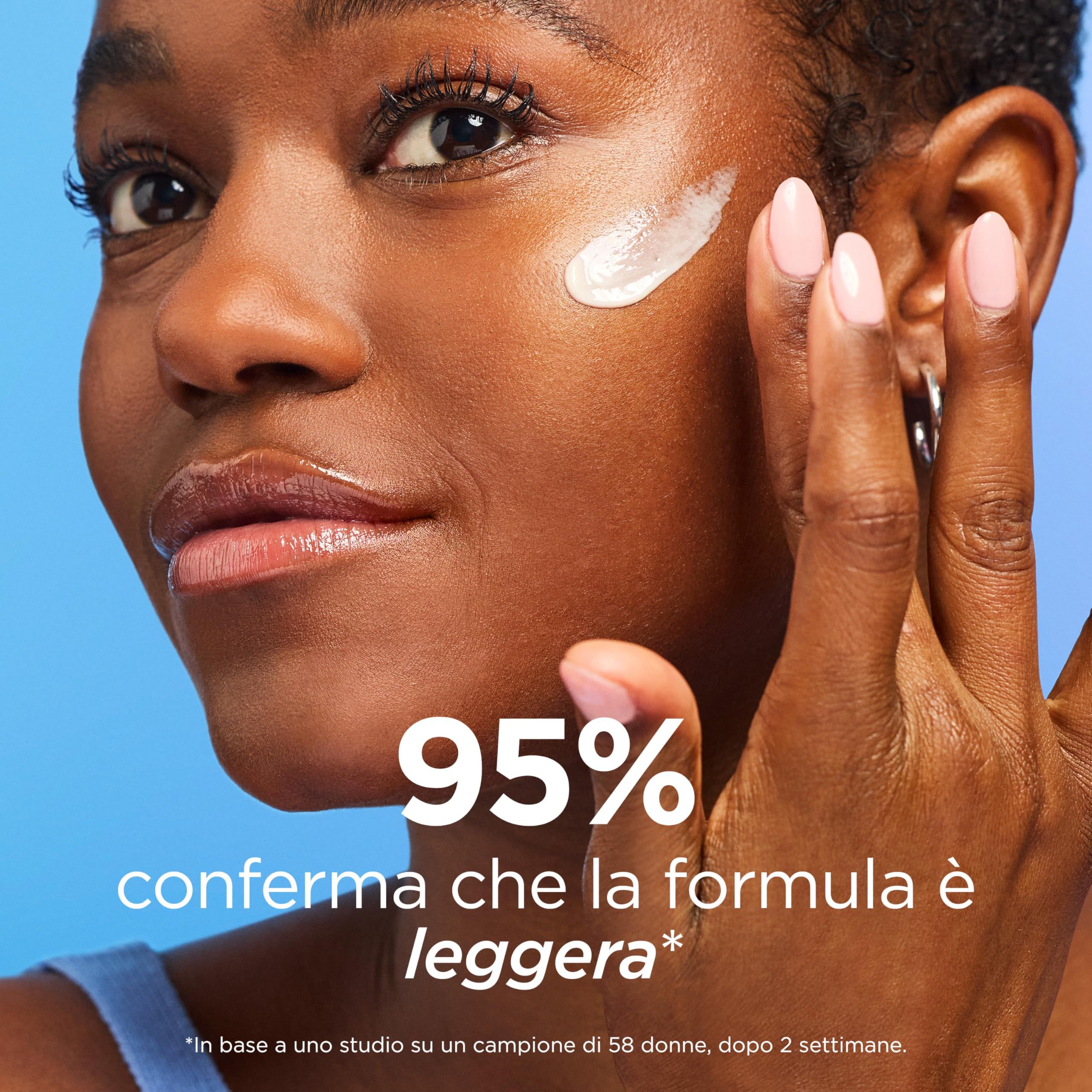 Donna applica crema. Testo: 95% confermano che la formula è leggera. Testo in italiano.