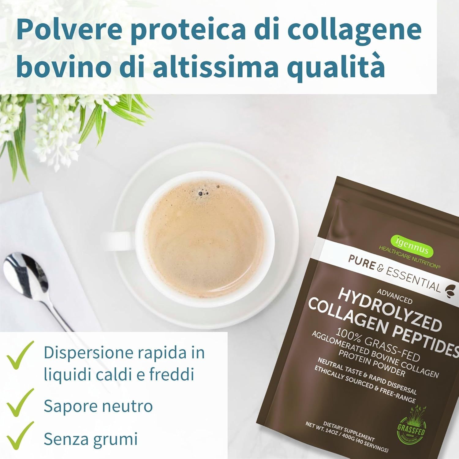 Tazza di caffè accanto alla busta del prodotto. Testo: Hydrolyzed Collagen Peptides. Scioglimento rapido, gusto neutro.