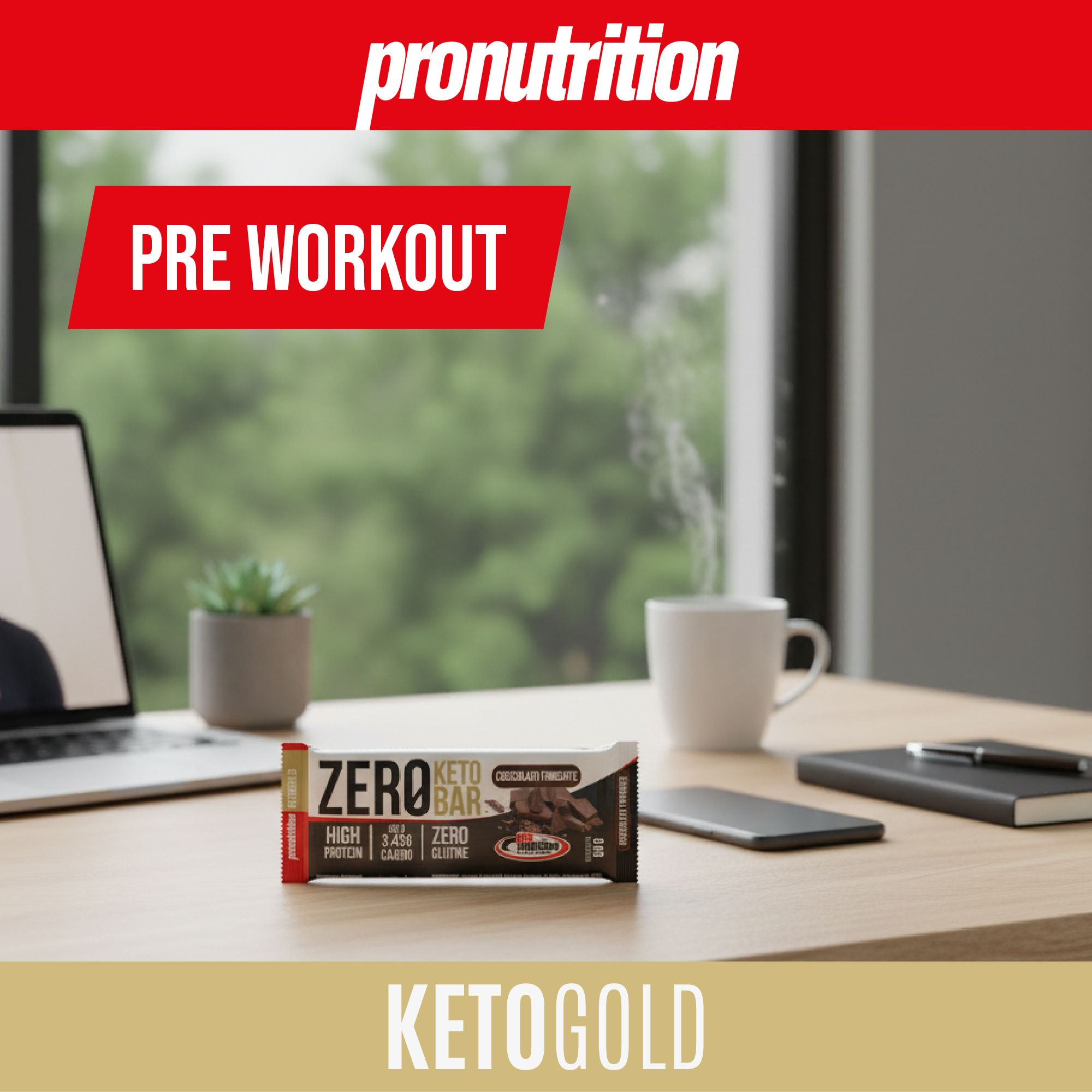 Barretta su scrivania con laptop, tazza e blocco note. Testo: Zero Keto Bar, Pre Workout, Keto Gold.