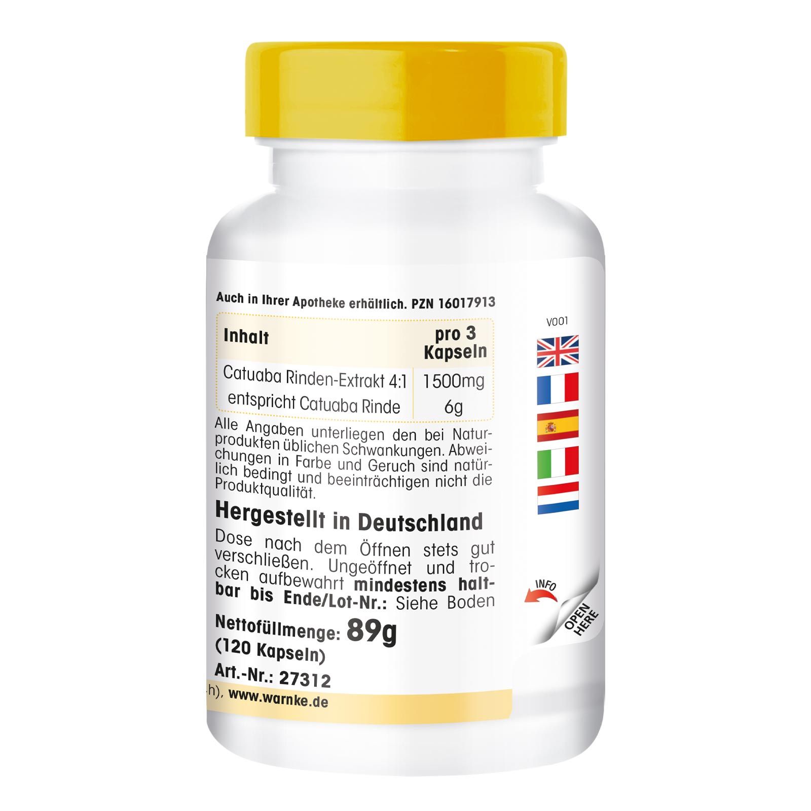 Retro del flacone bianco con tappo giallo. Testo: Contenuto, prodotto in Germania. Peso netto: 89g (120 capsule).