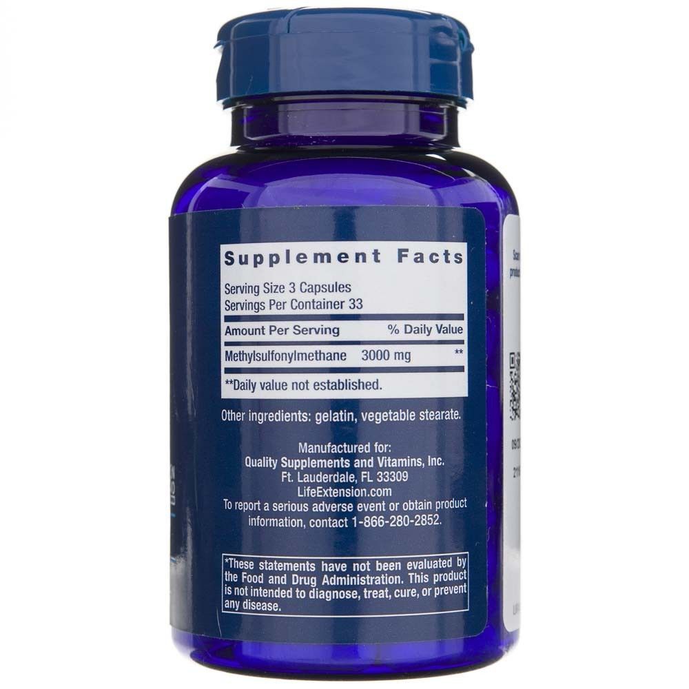 Retro della bottiglia Life Extension MSM 1000 mg con informazioni nutrizionali e del produttore.