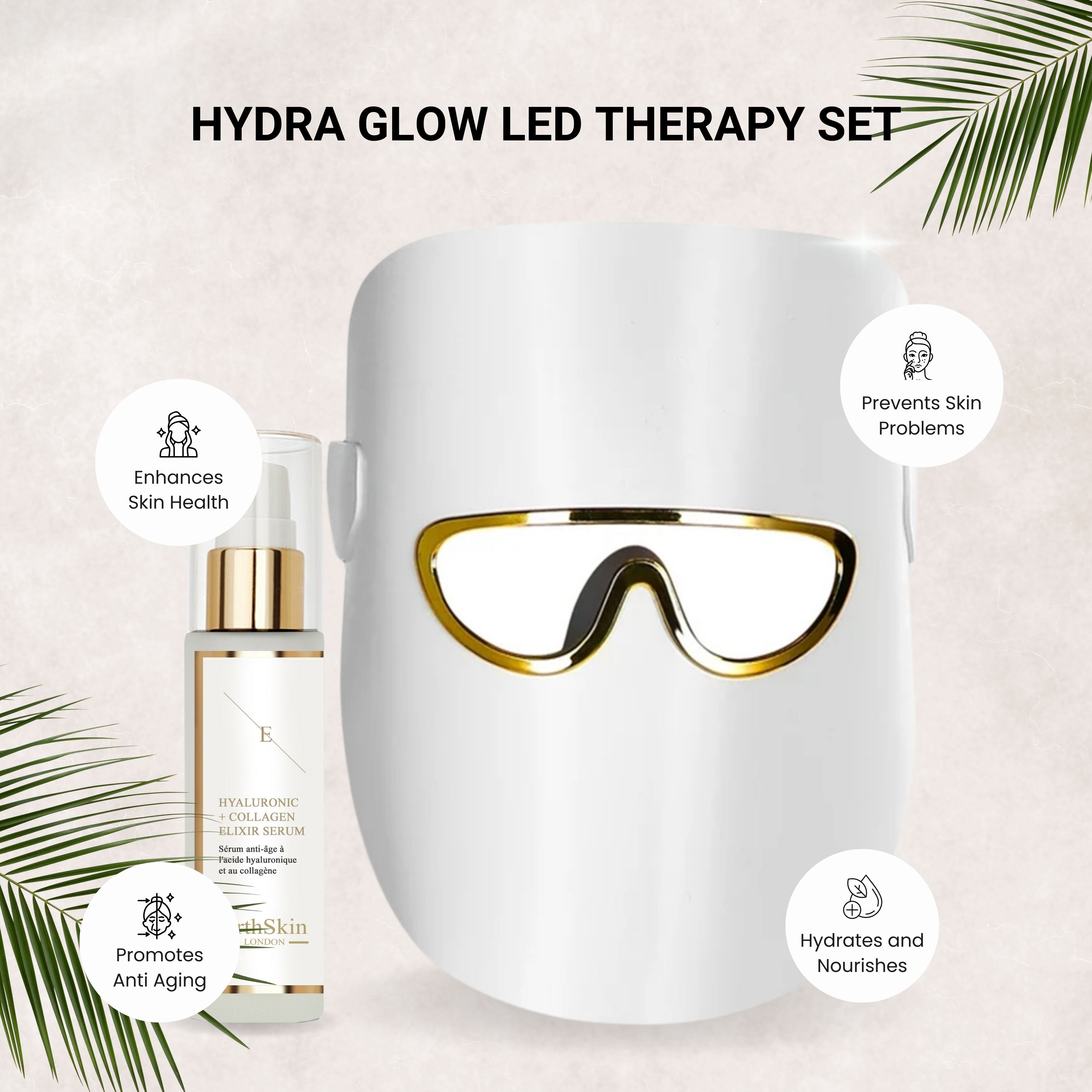 Maschera facciale LED bianca con dettagli dorati e flacone di siero. Testo: Hydra Glow LED Therapy Set, ErthSkin.