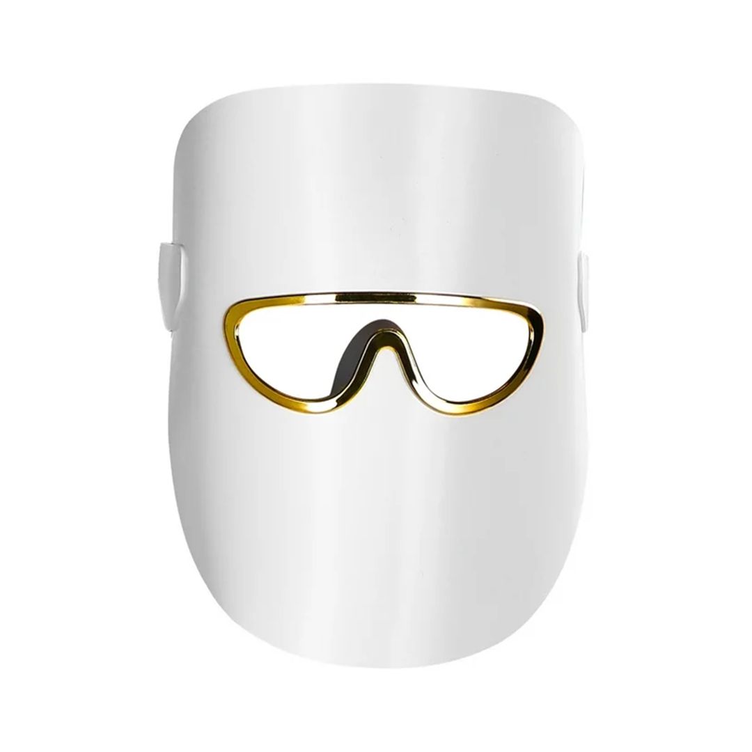 Maschera bianca per terapia LED con cornice dorata intorno agli occhi.