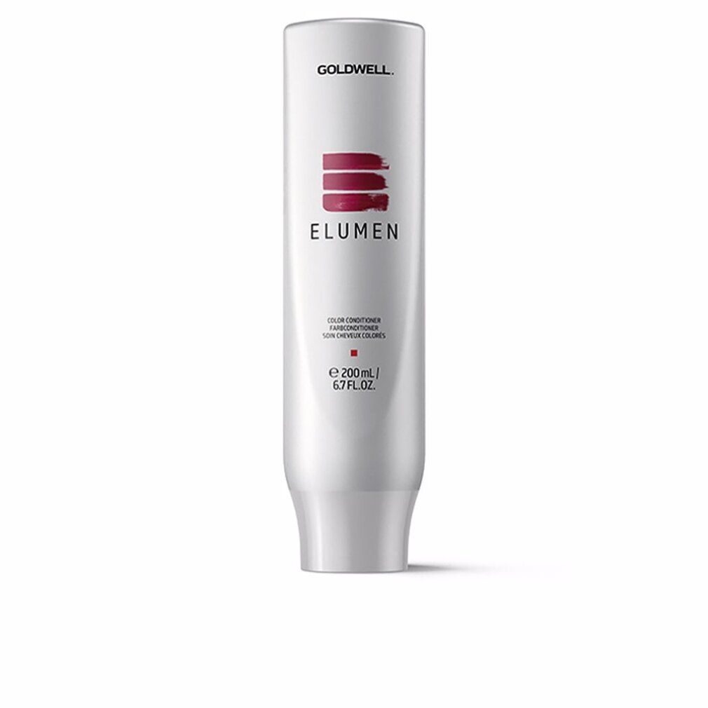 Flacone bianco con etichetta rossa. Scritta: GOLDWELL, ELUMEN, Color Conditioner. Volume: 200 ml.