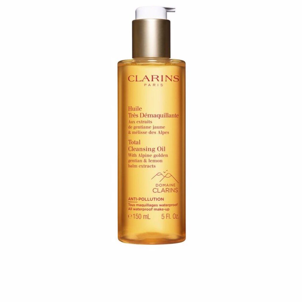 Flacone trasparente con liquido dorato e dosatore. Scritte: Clarins Total Cleansing Oil, 150 ml.