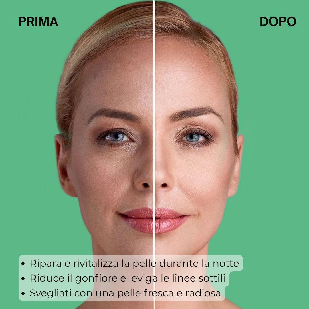 Immagine prima-dopo di una donna. Testo: Rigenera, riduce il gonfiore, leviga le linee sottili.