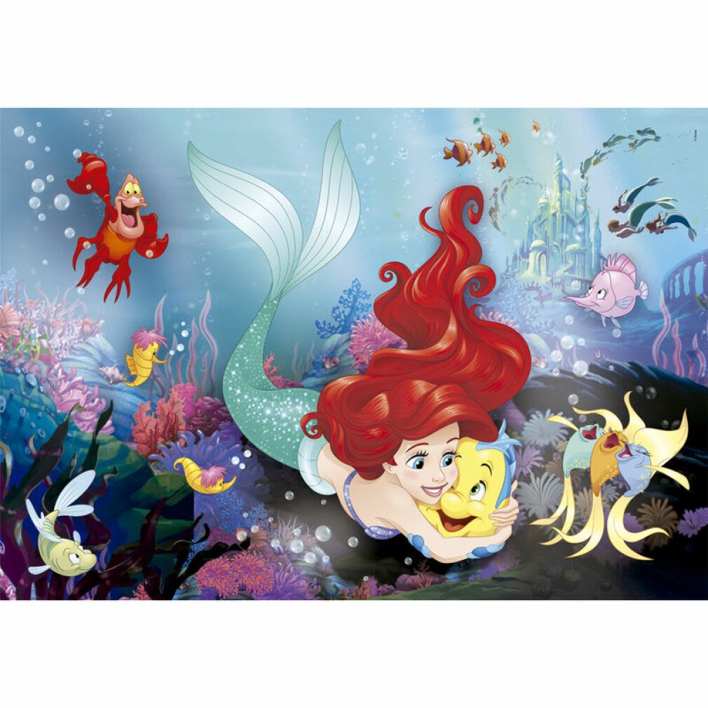 Puzzle con Ariel e pesce. Scena sottomarina con pesci, granchio e castello. 24 pezzi.