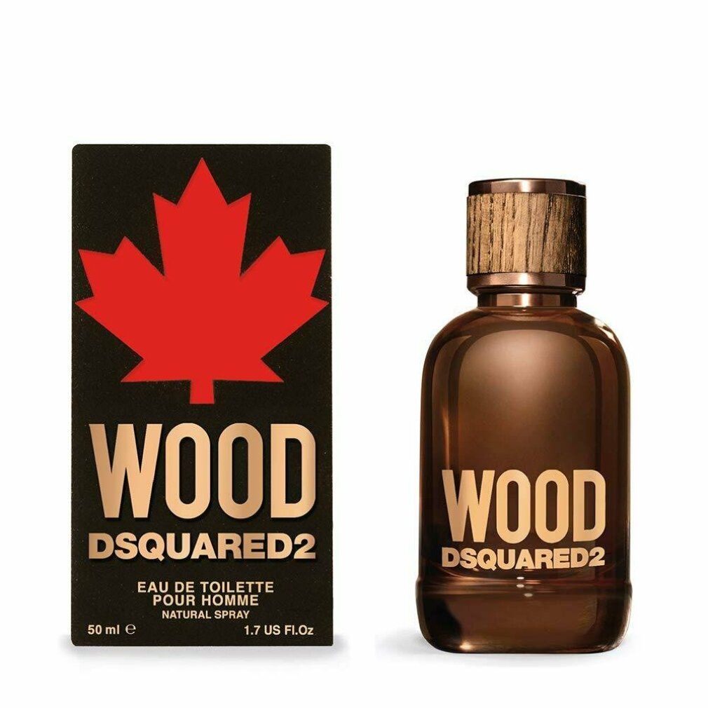 Flacone di profumo e scatola. Sulla scatola: foglia d'acero rossa, WOOD DSQUARED2.
