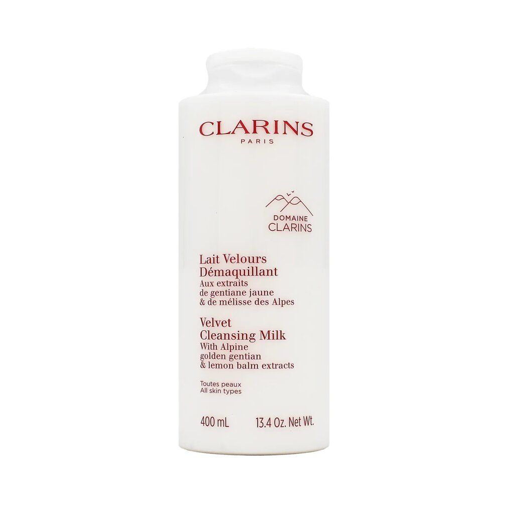Flacone bianco con testo rosso. Clarins Paris, Lait Velours Démaquillant, Velvet Cleansing Milk. 400 ml.