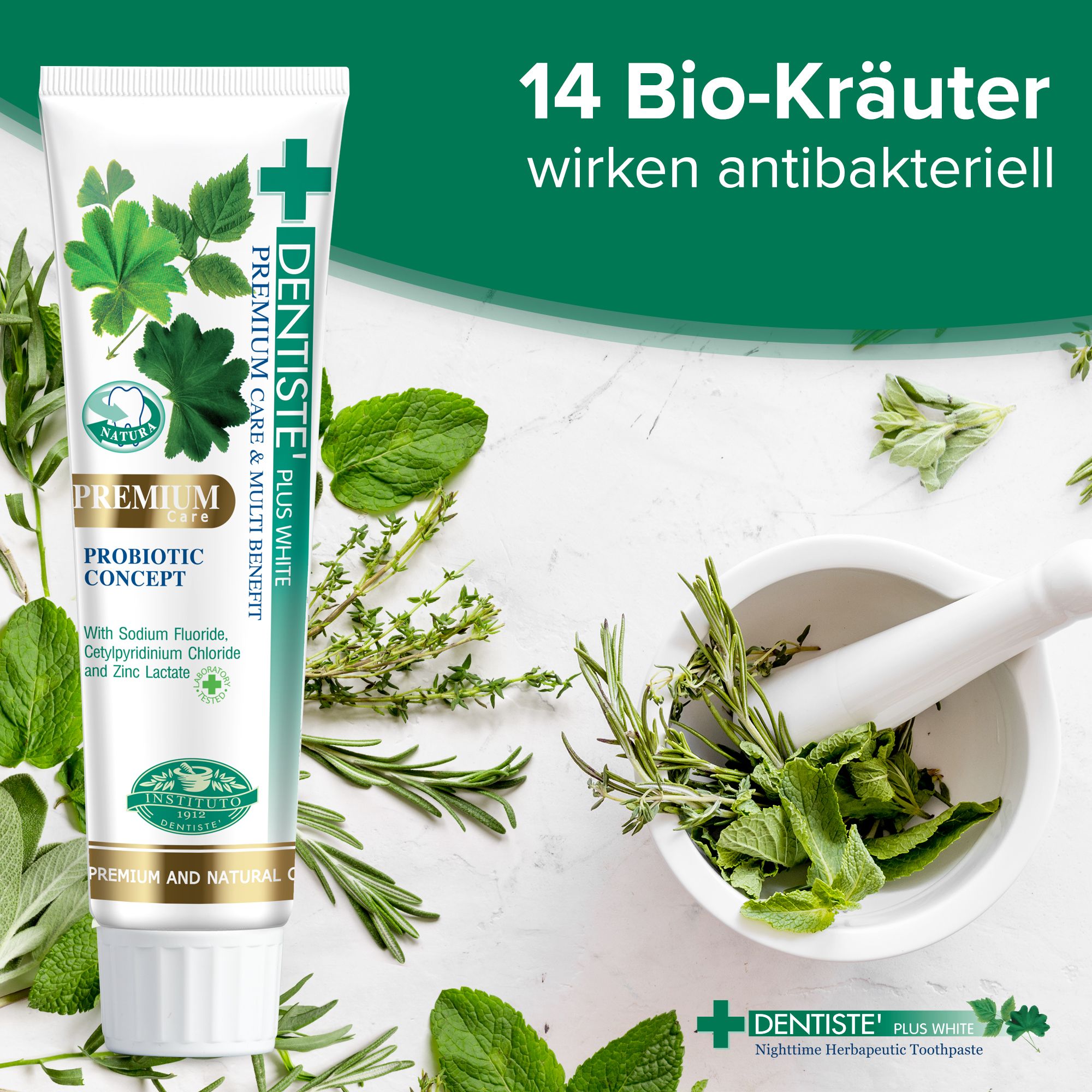Tubo di dentifricio con erbe e testo. 14 erbe bio. Premium Care & Multi Benefit. Probiotic Concept. Con fluoruro di sodio.