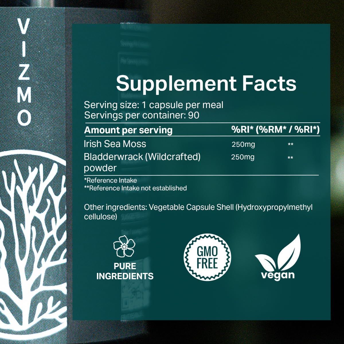 Primo piano degli ingredienti. Testo: Supplement Facts, Irish Sea Moss, Bladderwrack, GMO Free, Vegan.