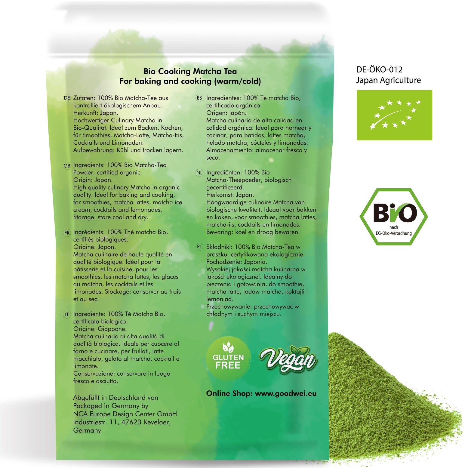 Retro della confezione di Matcha in polvere. Testo in tedesco, inglese, spagnolo, francese, italiano, olandese, polacco. Sigillo bio, senza glutine, vegano.