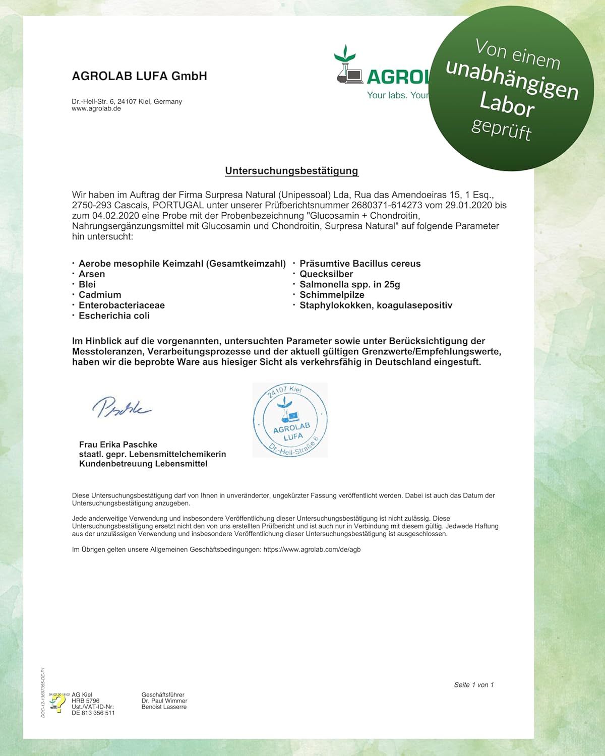 Rapporto di laboratorio per Surpresa Natural Glucosamin + Chondroitin Plus di Agrolab.