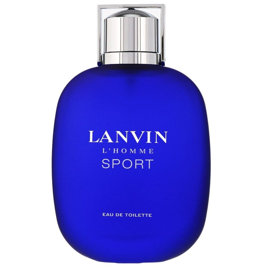 Flacone blu con tappo argentato. Scritta: LANVIN L'HOMME SPORT. Eau de Toilette.