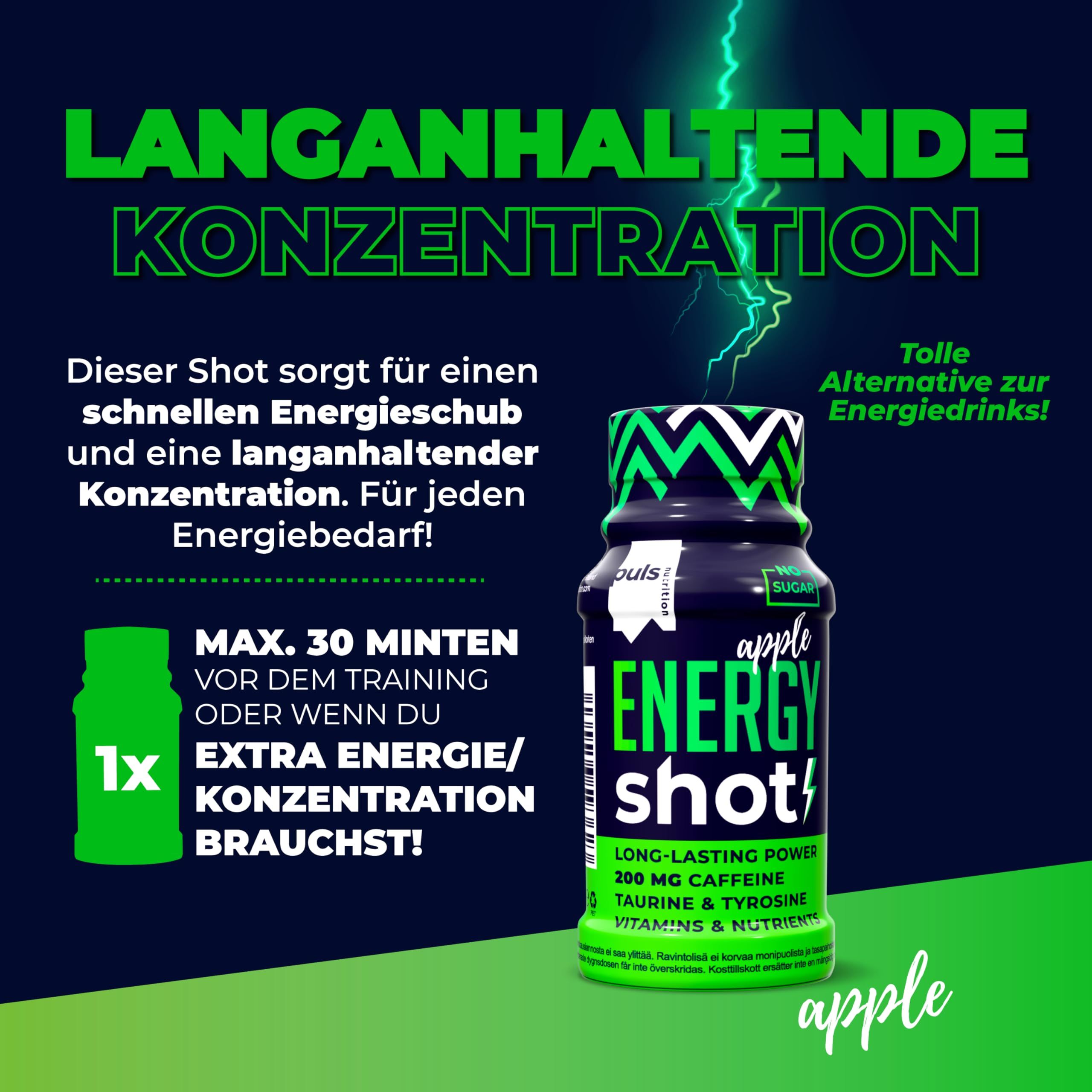 Puls Nutrition Energy Shot Mela: Bottiglia con accenti verdi e neri a zigzag. Il testo evidenzia l'energia duratura.
