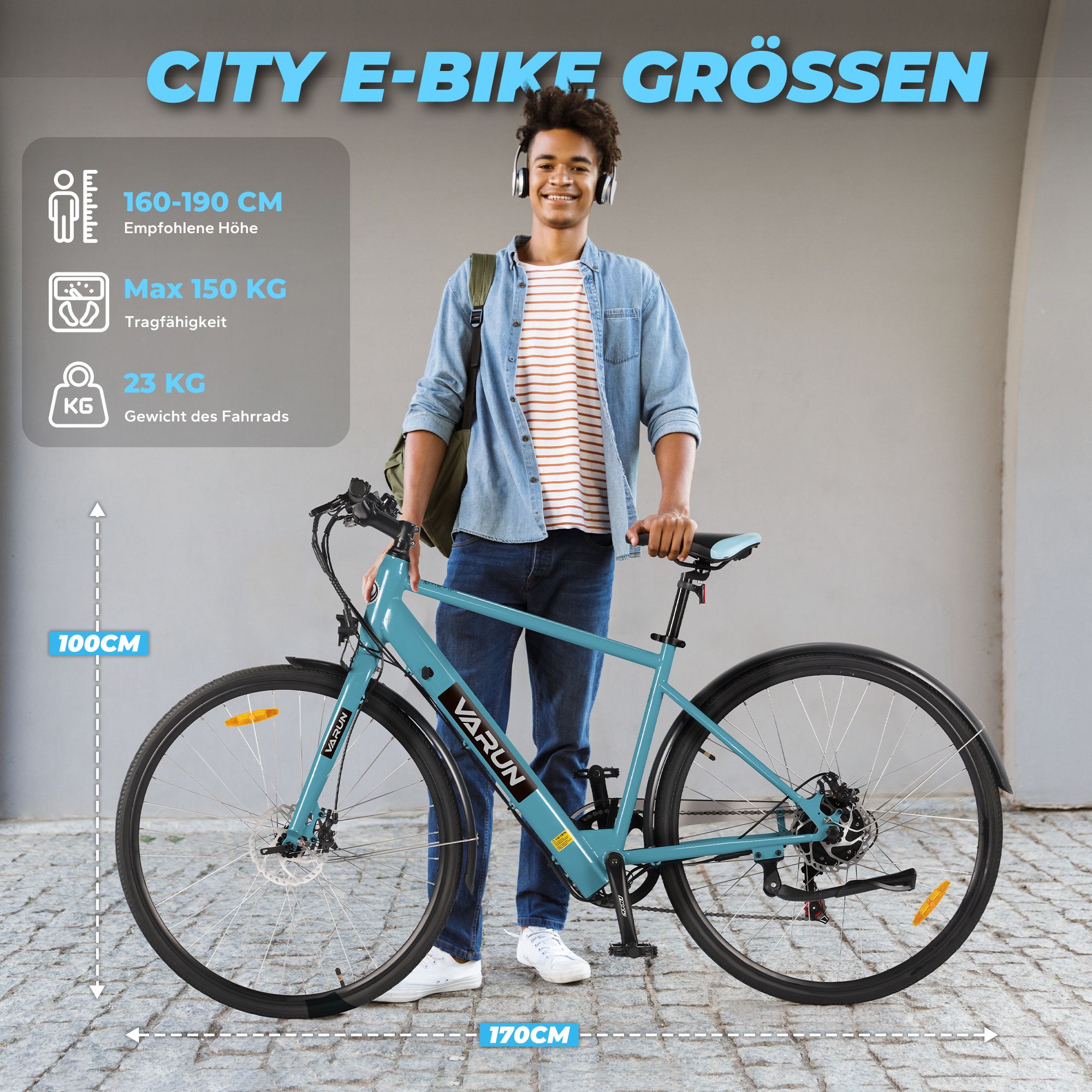 Uomo con e-bike. Altezza consigliata 160-190 cm, capacità max. 150 kg, peso 23 kg.