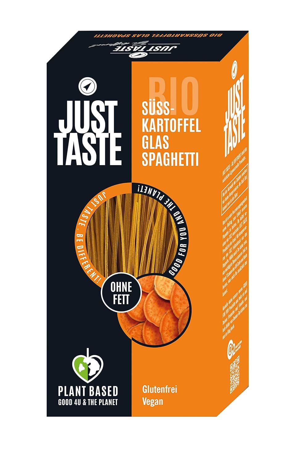 Just Taste Bio Spaghetti di Patate Dolci in Vetro: Confezione in cartone con finestra sulle spaghetti e fettine di patate dolci. Senza glutine, vegan.