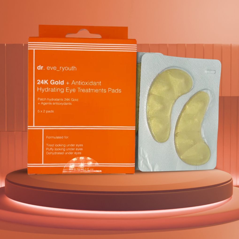 Dr. Eve_Ryouth 24K Gold + Antiossidante Patch Idratanti per Occhi su un piedistallo.