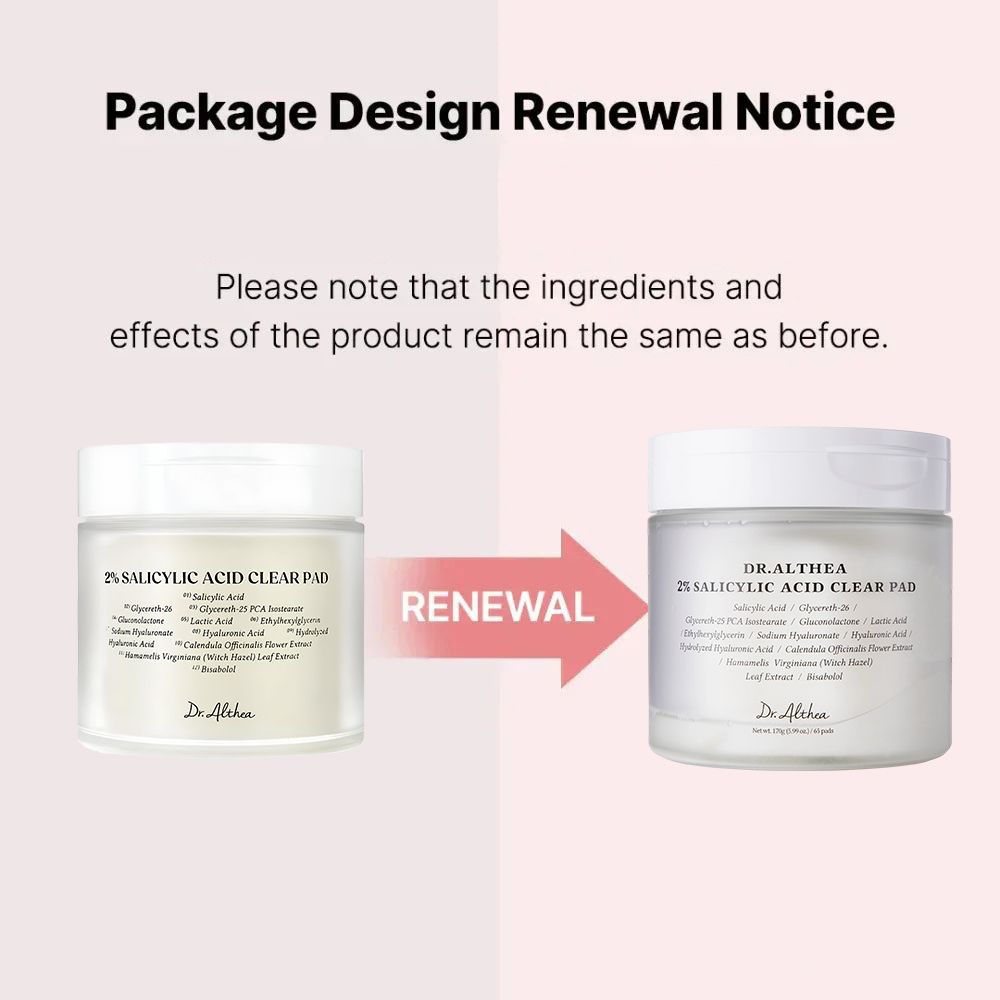 Confronto dei design della confezione del Dr. Althea 2% Salicylic Acid Clear Pad prima e dopo il rinnovo.