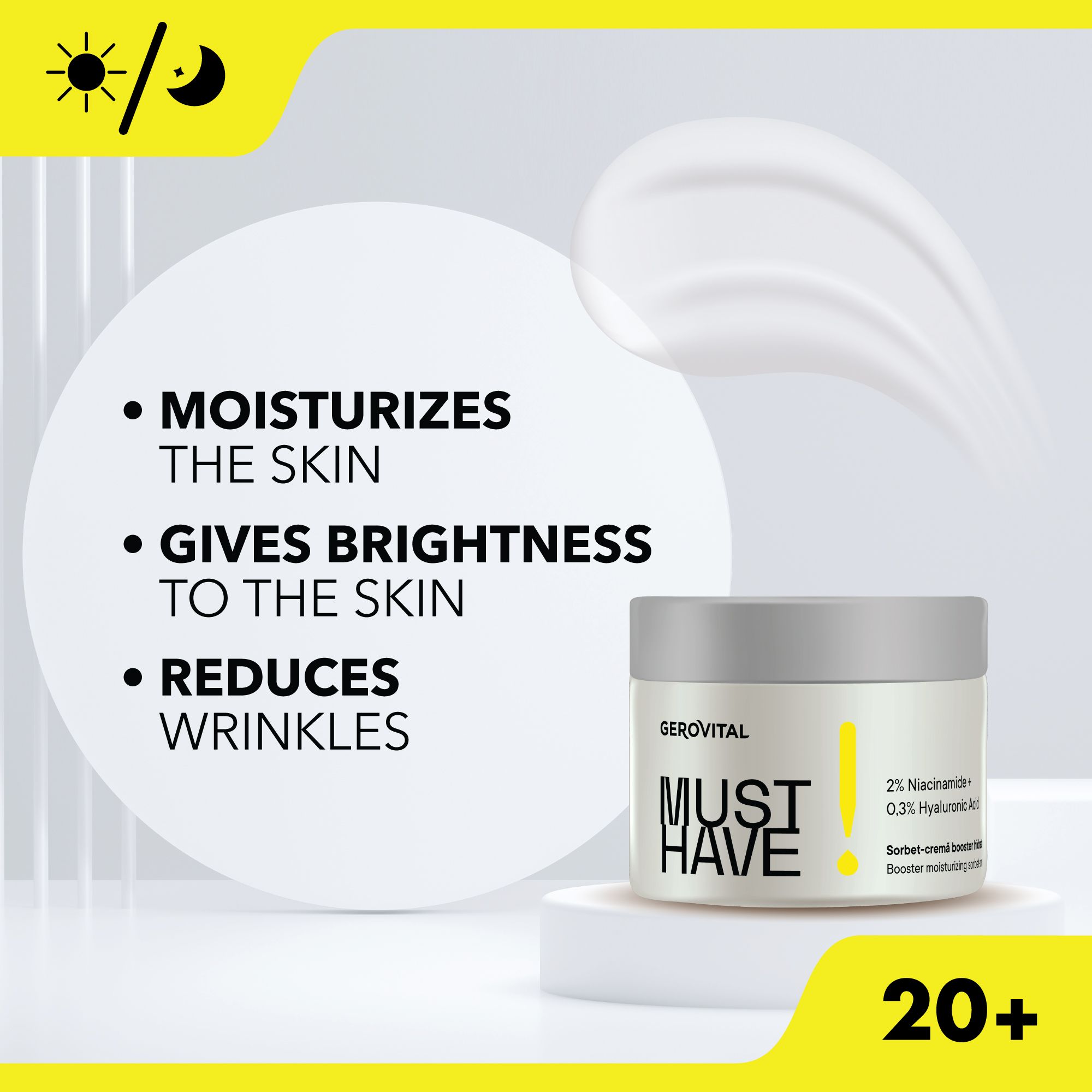 Vasetto di crema su piedistallo. Scritta: MUST HAVE, 2% Niacinamide + 0,3% Acido Ialuronico. Testo: IDRATA LA PELLE.