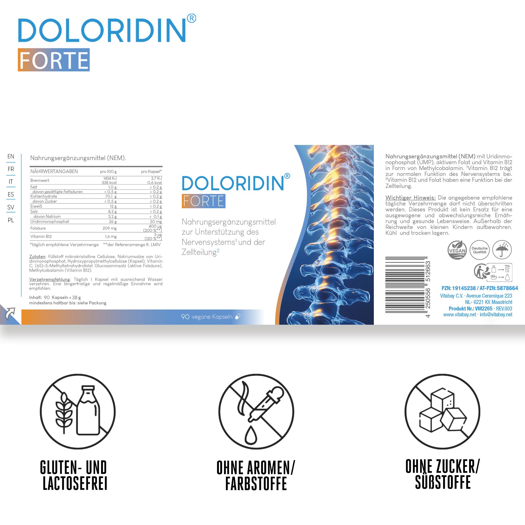 Confezione di Doloridin Forte. Contiene informazioni sugli ingredienti e sui valori nutrizionali. Simboli: senza glutine, senza aromi/coloranti, senza zucchero/additivi.