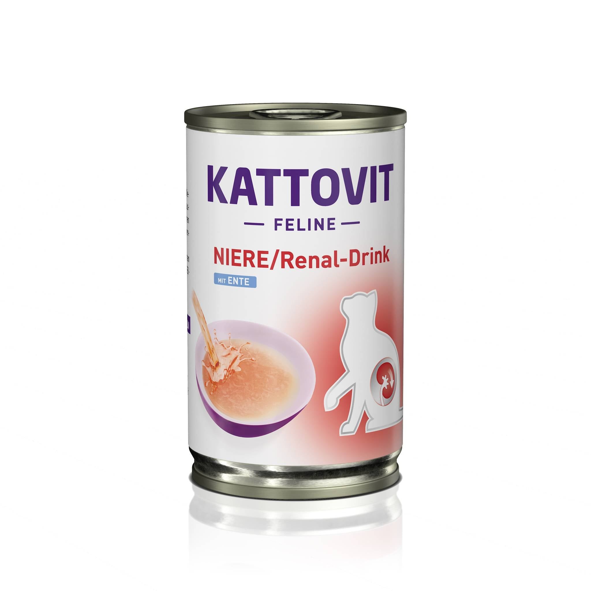 Lattina Kattovit Niere-Renal-Drink Ente. Immagine di gatto e liquido. Scritta: Niere/Renal-Drink.