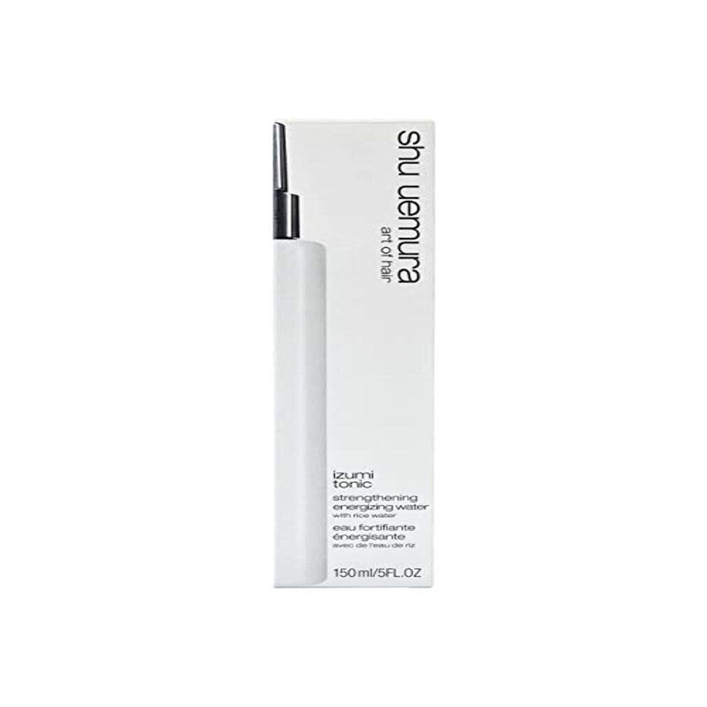 Prodotto bianco con vaporizzatore nero. Scritta: Shu Uemura, izumi tonic, acqua fortificante energizzante. 150ml/5FL.OZ.