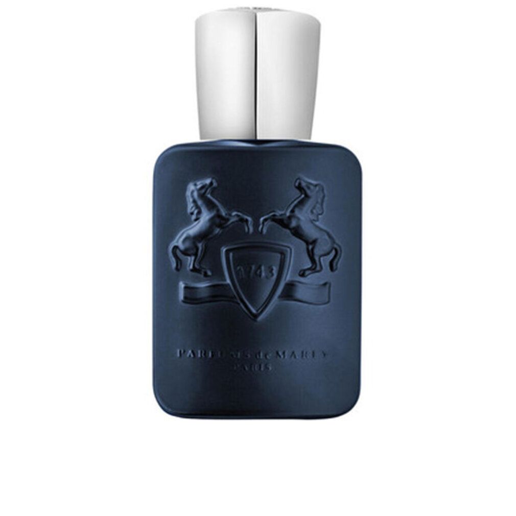 Flacone blu scuro con tappo argentato e goffratura. Logo e scritta sul flacone.
