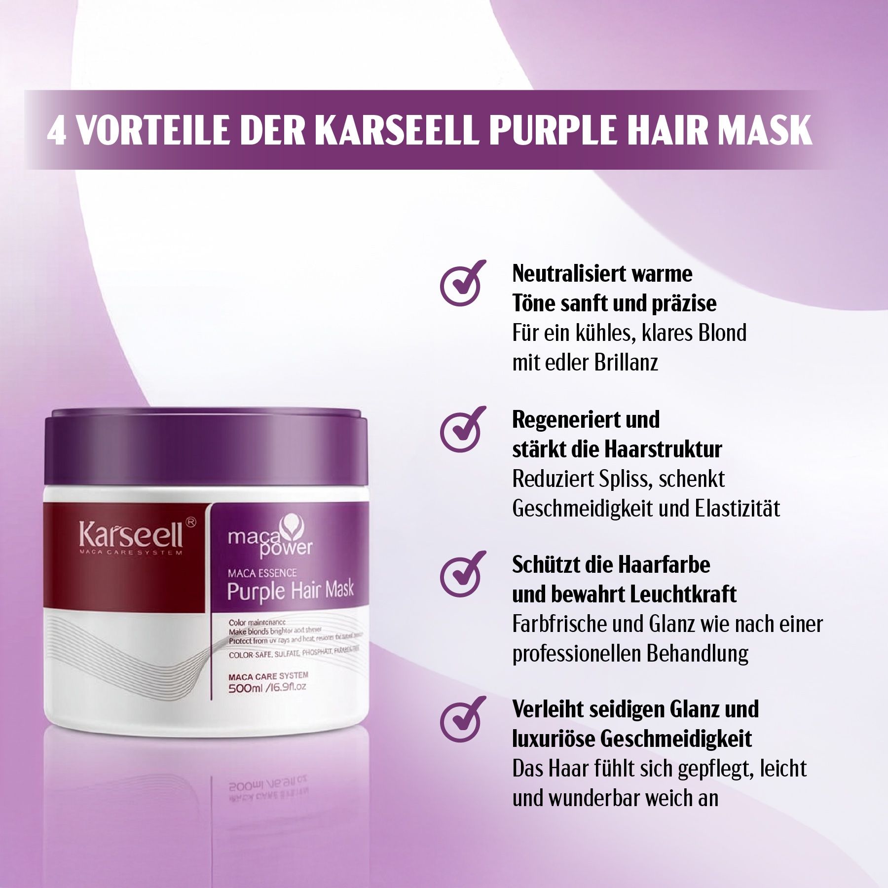 Confezione Karseell Purple Hair Mask. 4 vantaggi: neutralizza, rinforza, protegge, dona lucentezza.