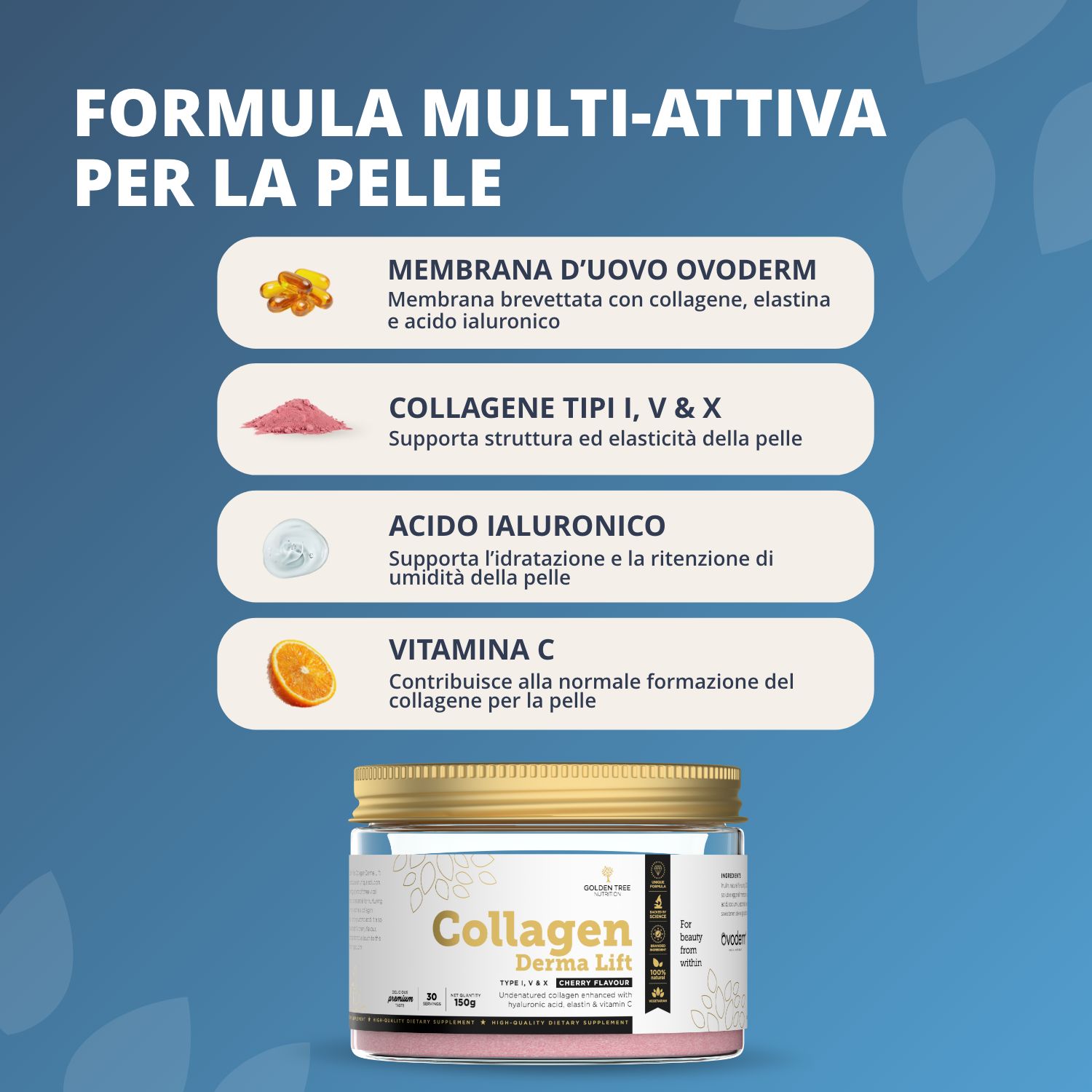 Formula per la pelle: Ovoderm, Collagene Tipo I, V & X, Acido Ialuronico, Vitamina C.