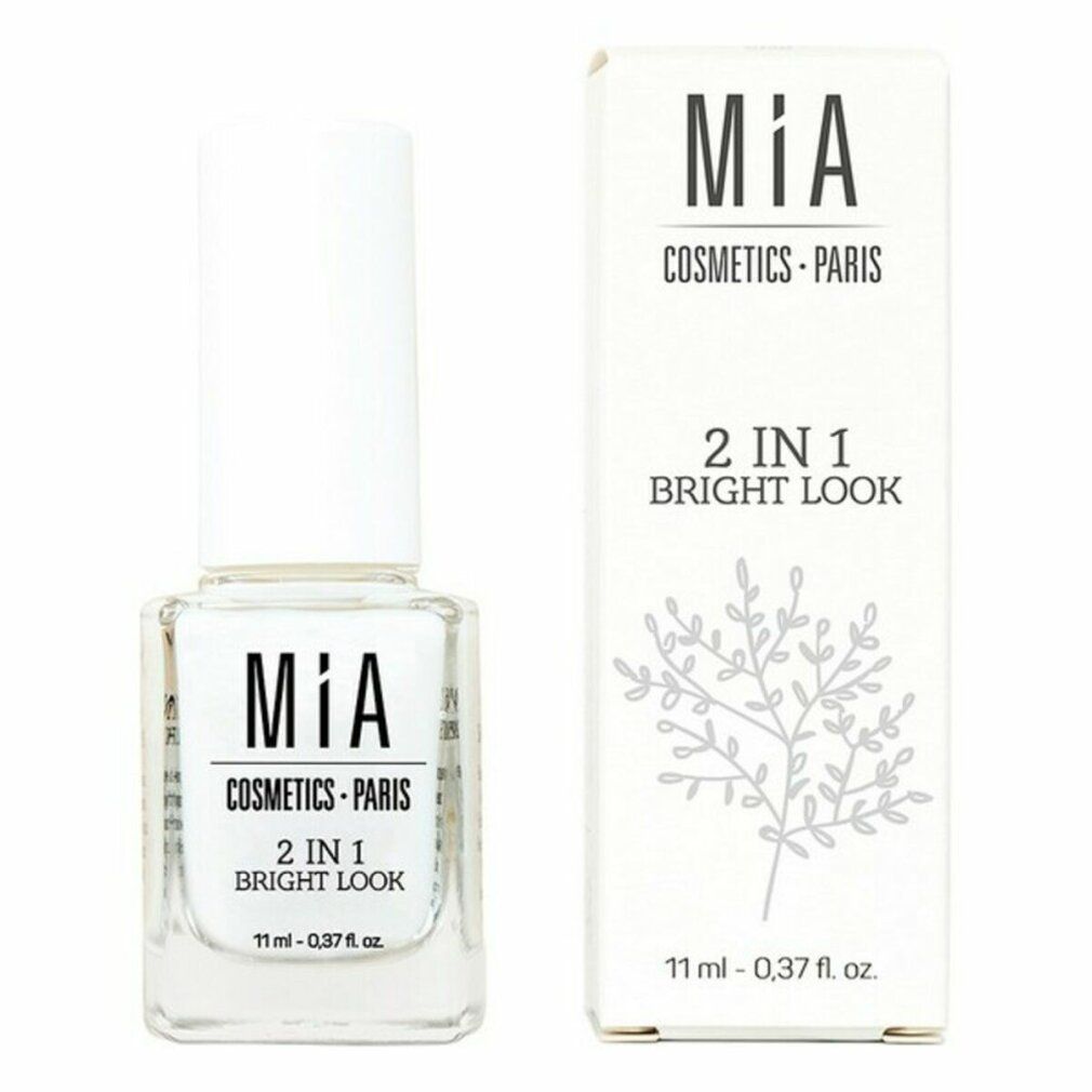 Prodotto per unghie con tappo bianco e confezione. Scritta: Mía Cosmetics Paris, 2 in 1 Bright Look.