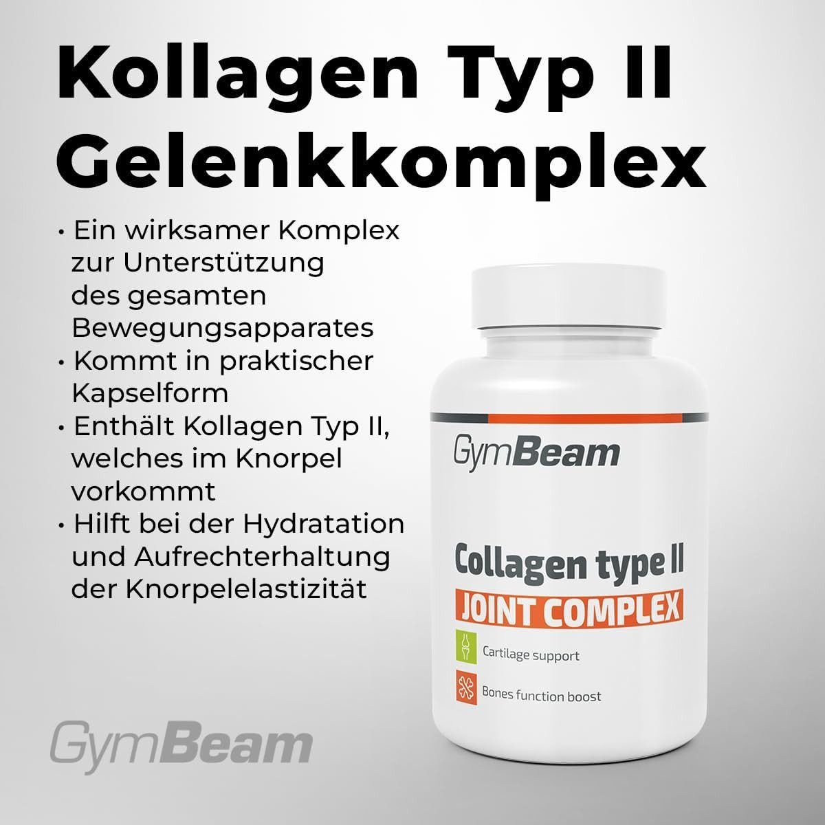 GymBeam Collagene Tipo II Complesso Articolare: flacone con etichetta che evidenzia ingredienti e benefici.