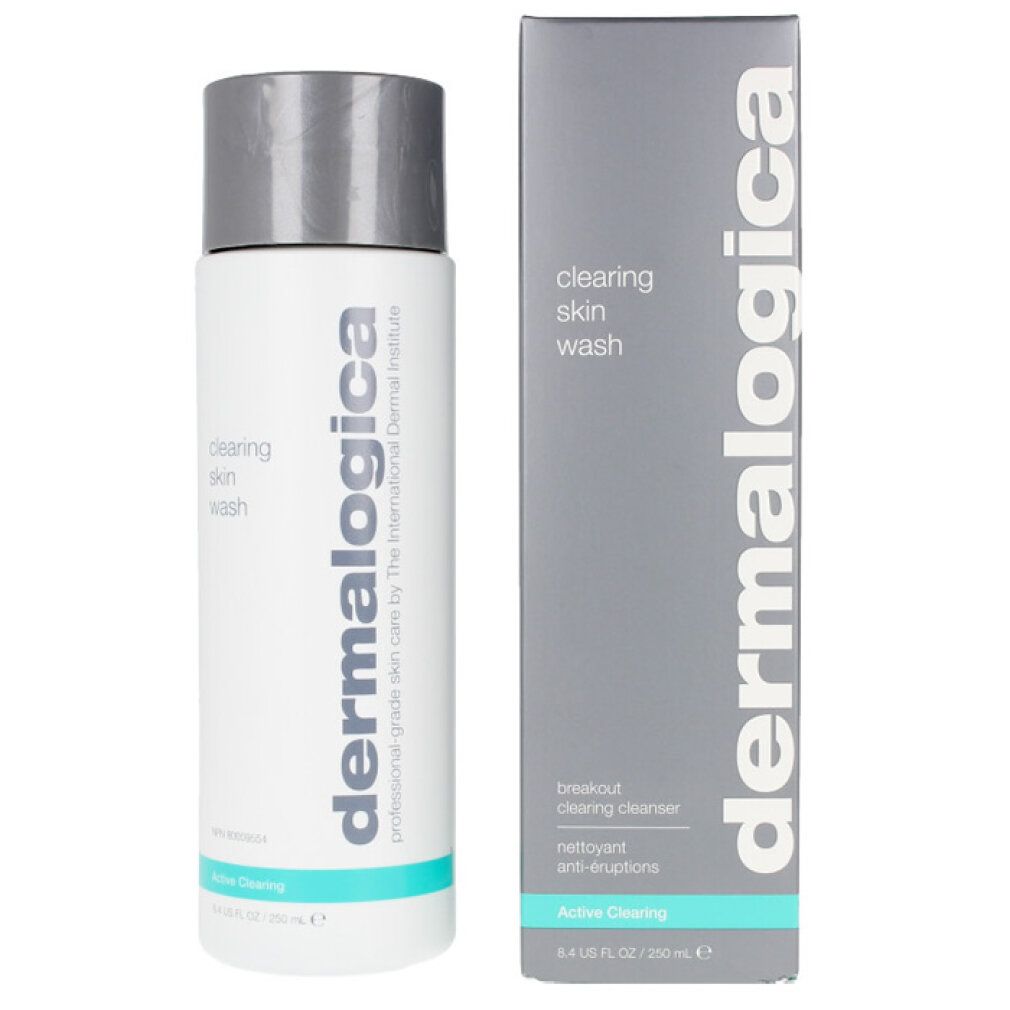 Flacone e scatola. Flacone: clearing skin wash, Dermalogica. Scatola: clearing skin wash, breakout clearing cleanser, Active Clearing.
