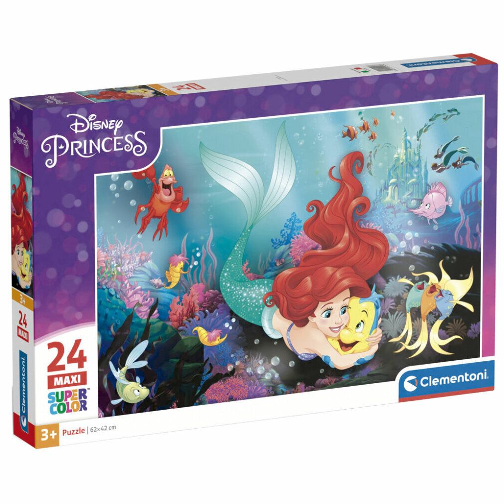 Scatola puzzle con Ariel. 24 pezzi, formato maxi. Logo Disney Princess. Logo Clementoni.