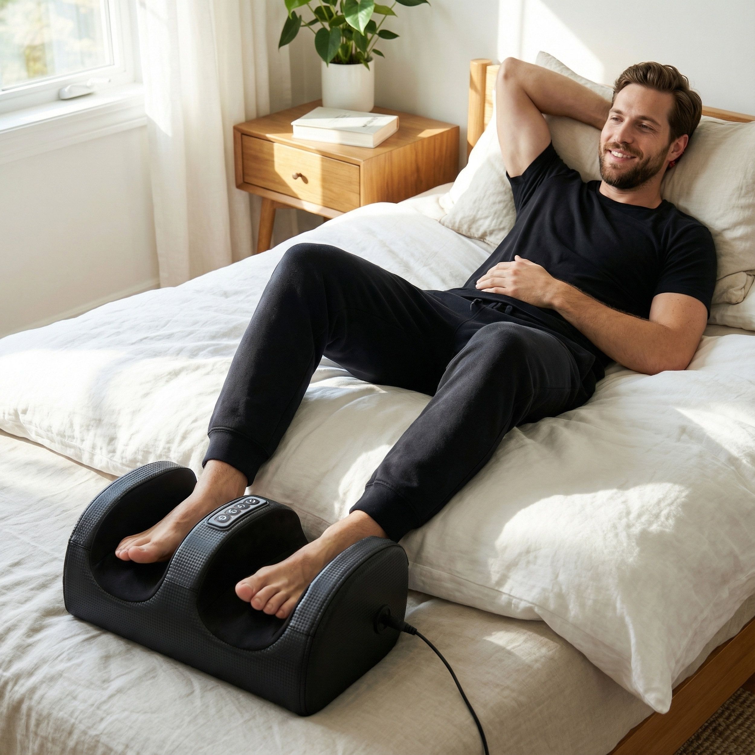 Massaggiatore per piedi nero. Uomo a letto, piedi nel dispositivo. Pannello comandi. Cavo.