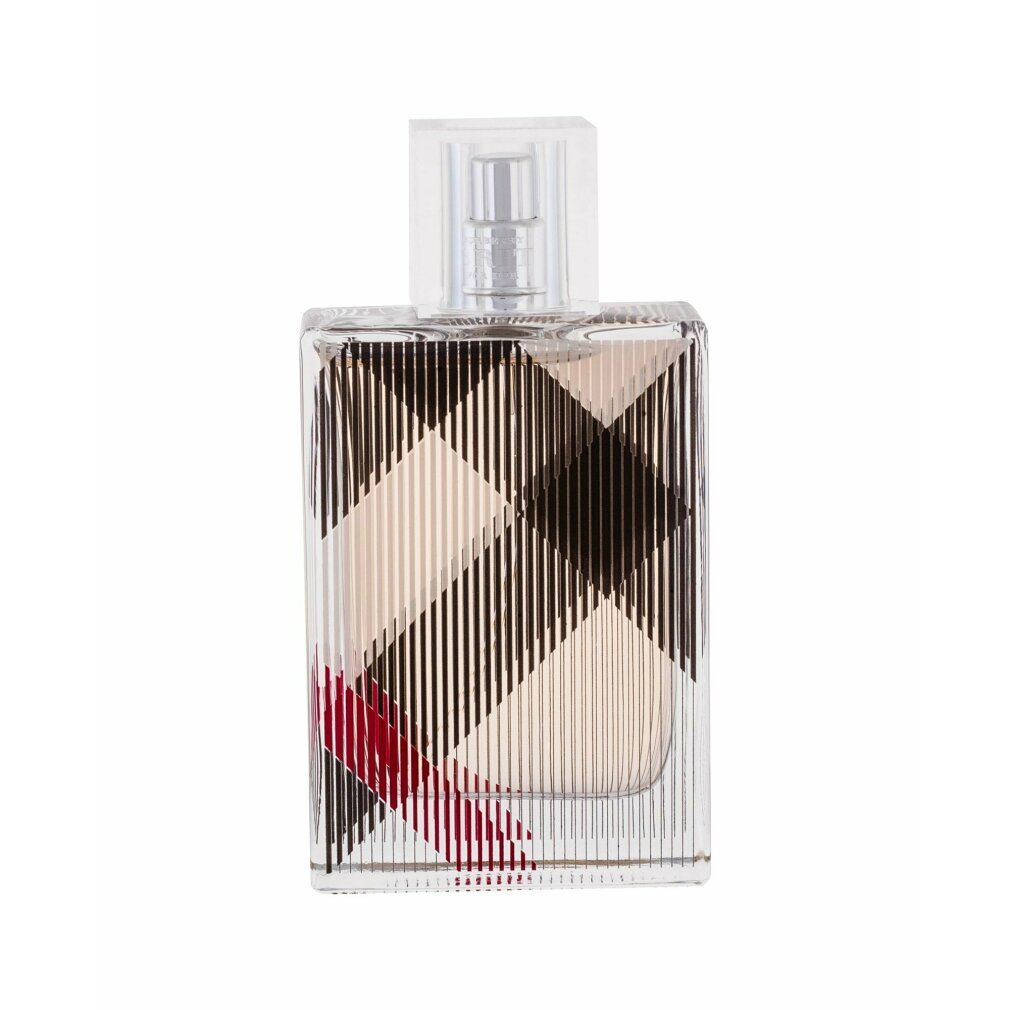 Flacone di Burberry Brit for Her Eau de Parfum Spray. Bottiglia rettangolare trasparente con vaporizzatore.